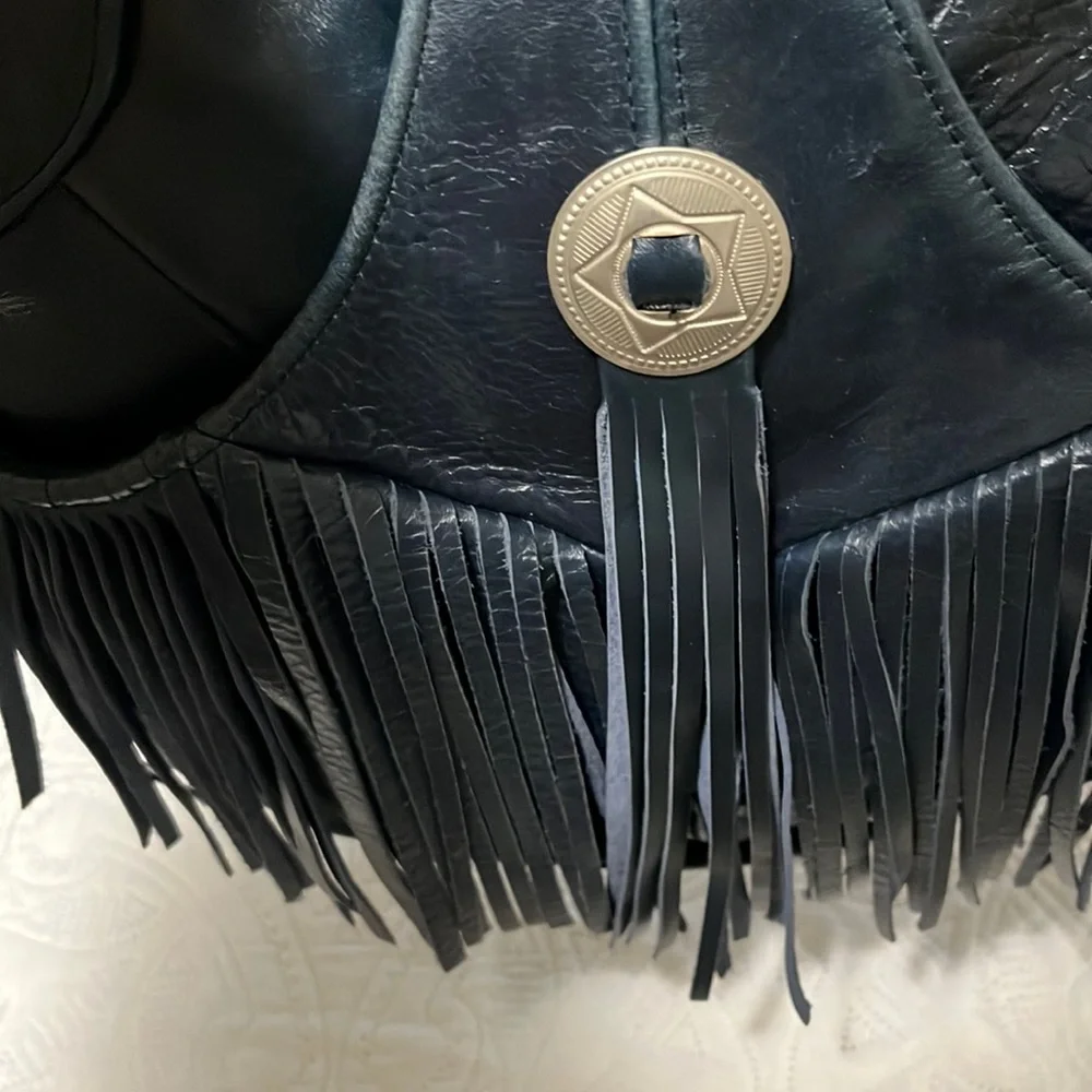 Genuine Leather Fringe Crossbody Bag, Shoulder Bag, Blue - Picture 7 of 7